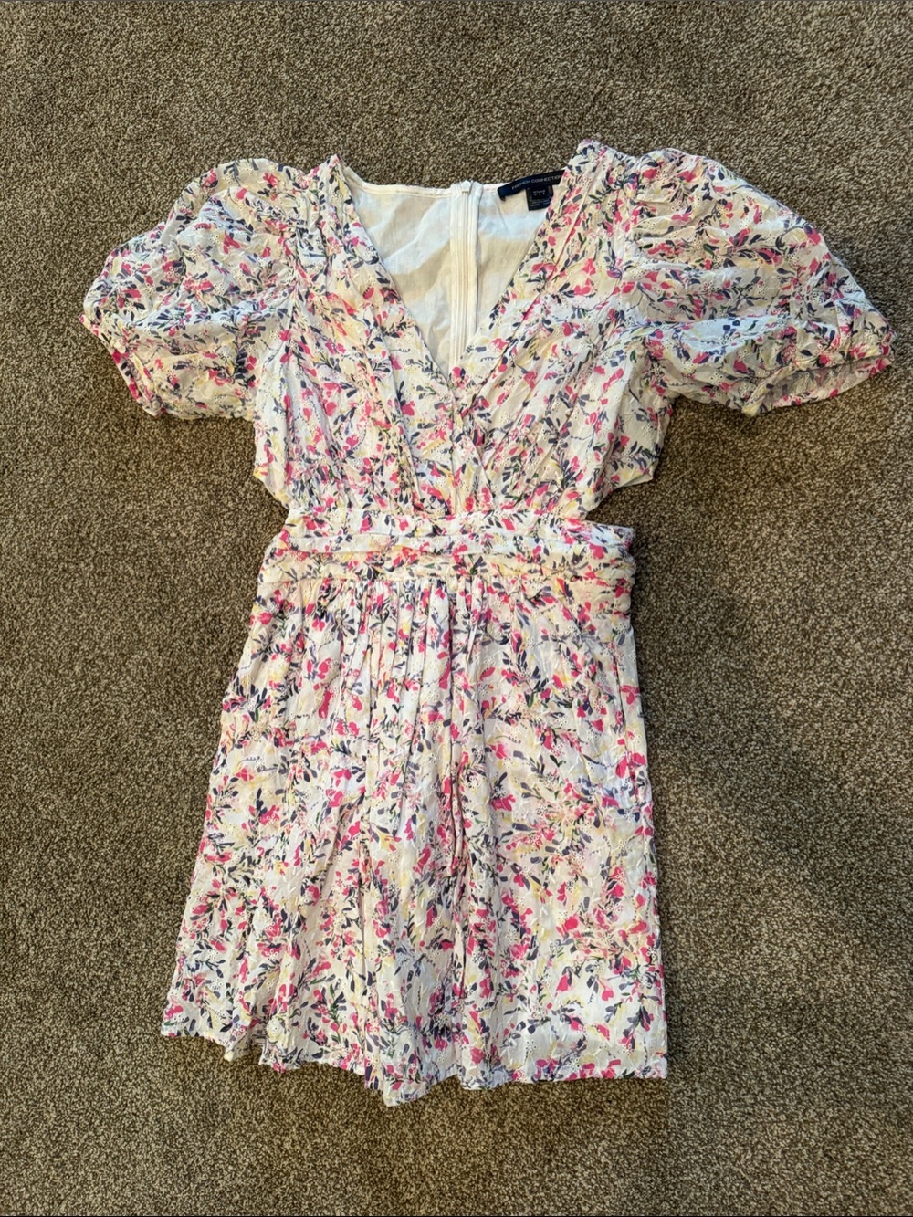 French Connection White Floral V-Neck Dress with Pink and Green Accents